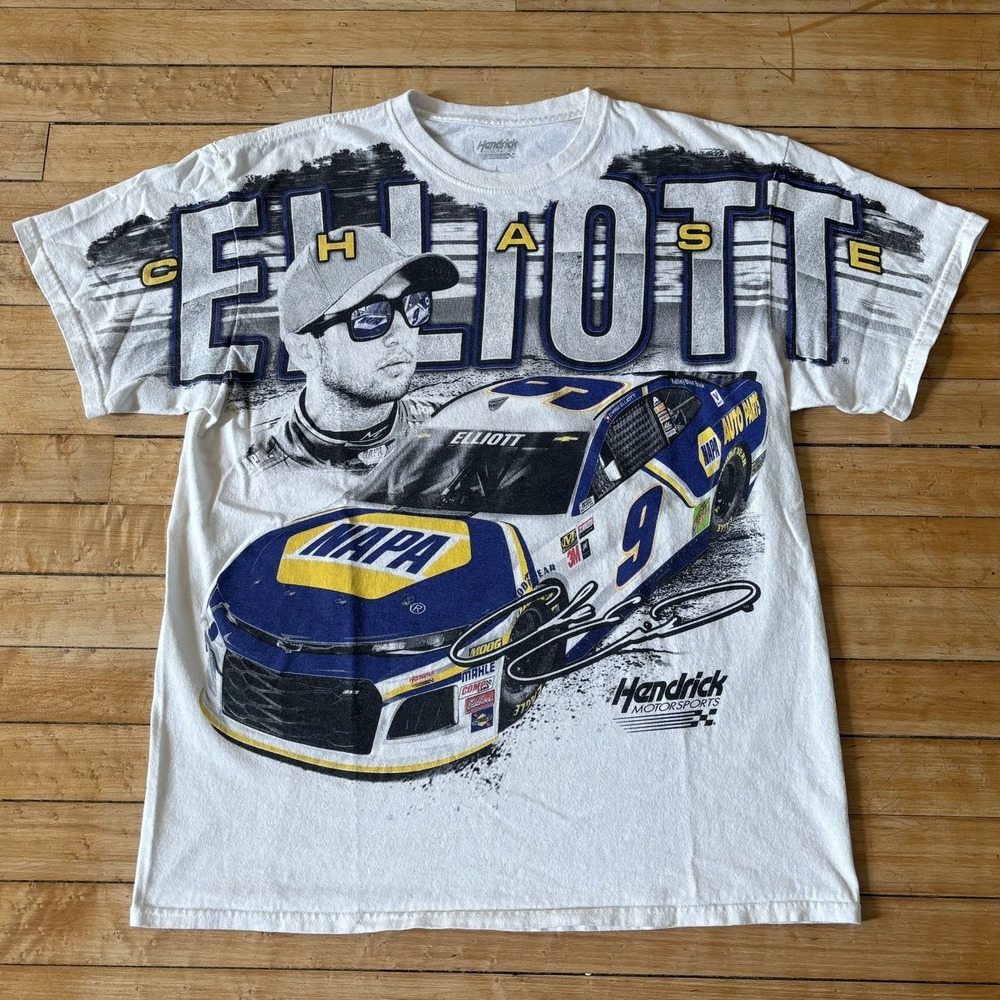 VTG Nascar Racing AOP Two Sided T-Shirt Chase Elliot Hendricks Size L Rare y2k